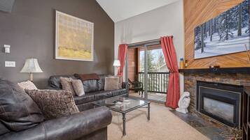 TV, fireplace, books