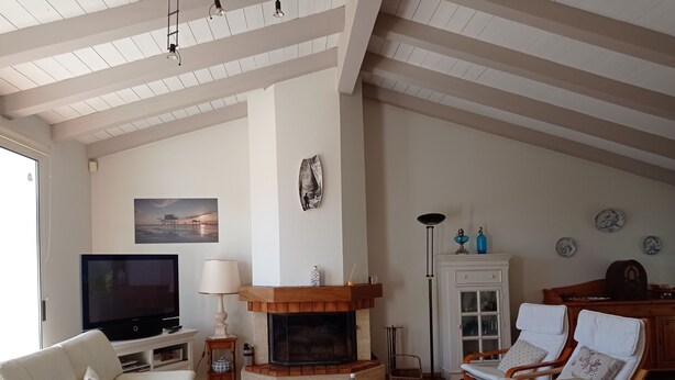 Una sala de estar con chimenea, televisión y sofá.
