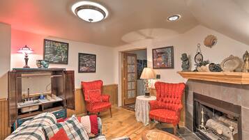 TV, fireplace, books