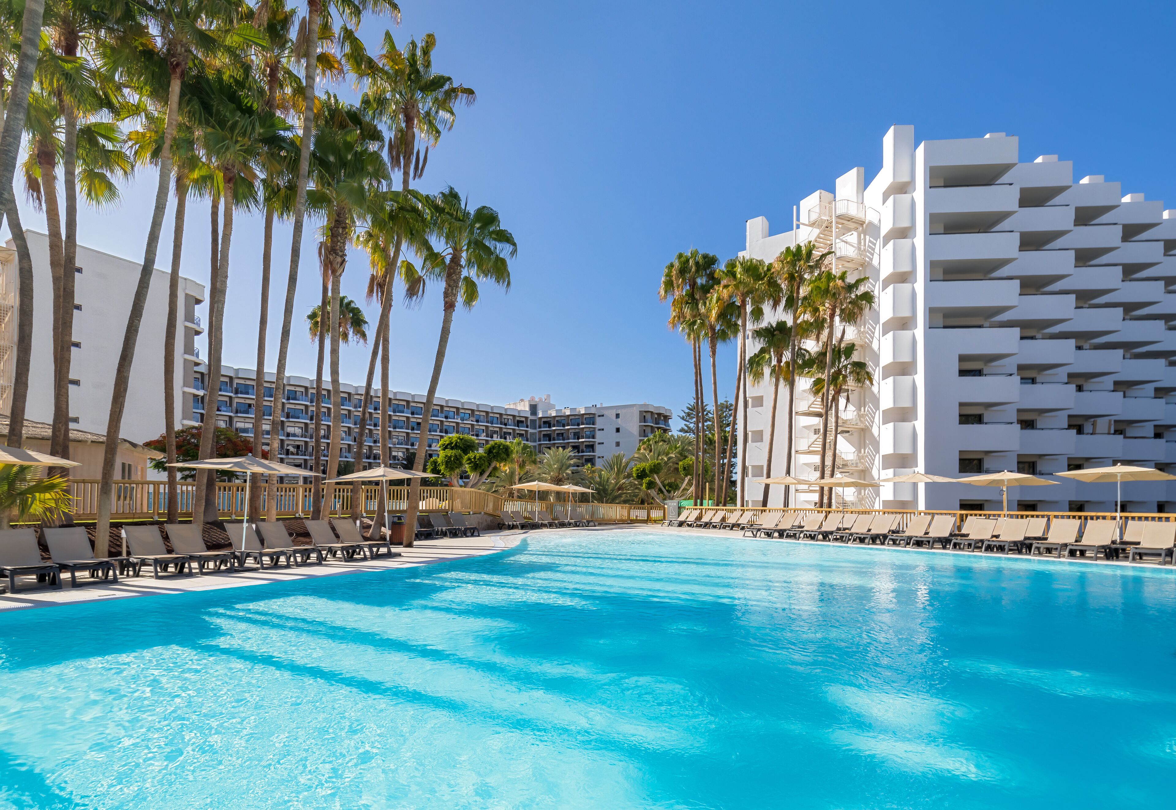 A swimming pool with lounge chairs and umbrellas, surrounded by palm trees and modern buildings.