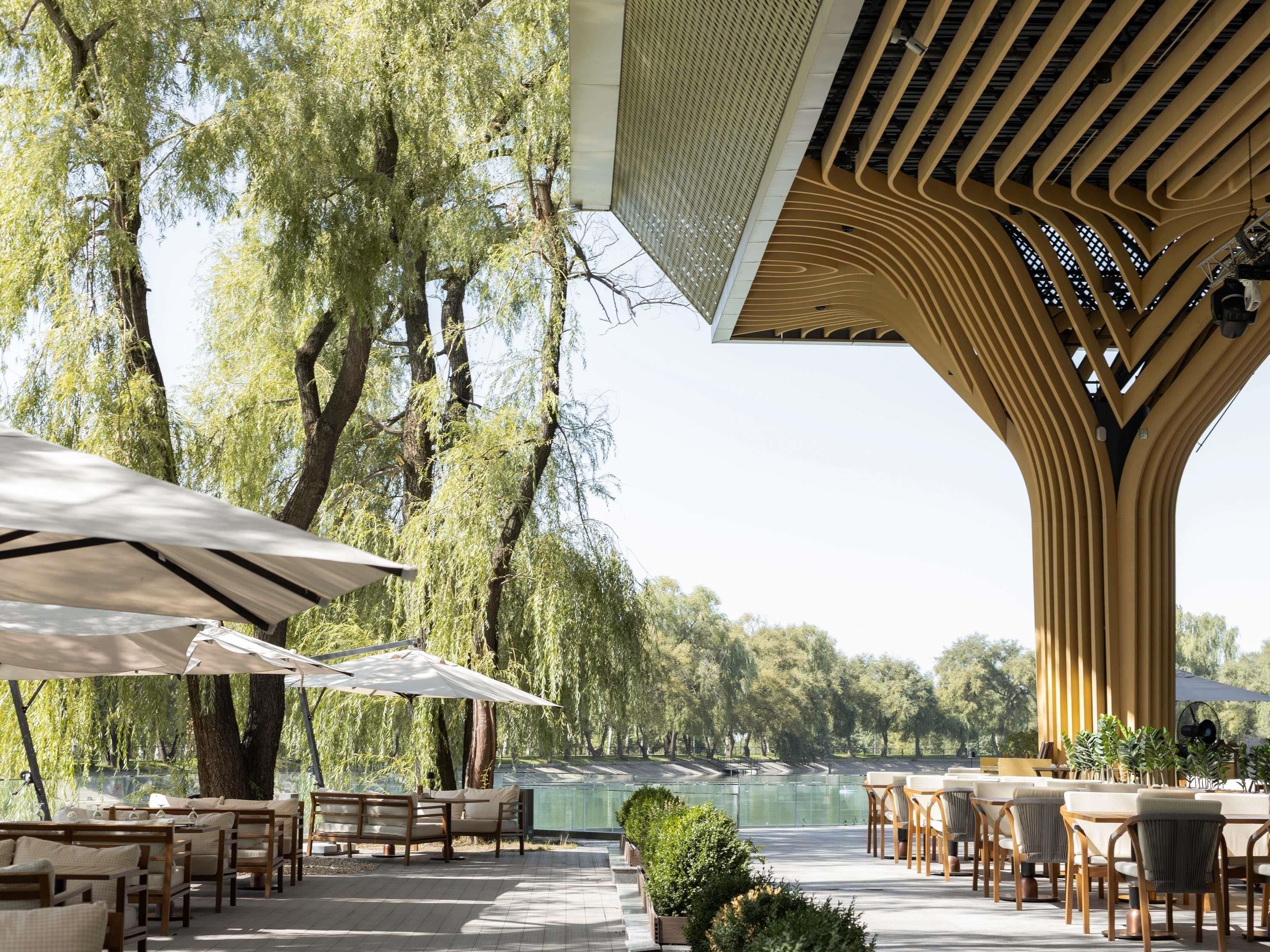 An outdoor dining area with tables and chairs, surrounded by trees and a view of a body of water.