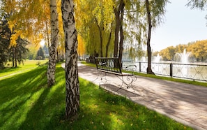 Un parc doté d’une allée pavée, d’un banc et d’une étendue d’eau entourée d’une clôture.