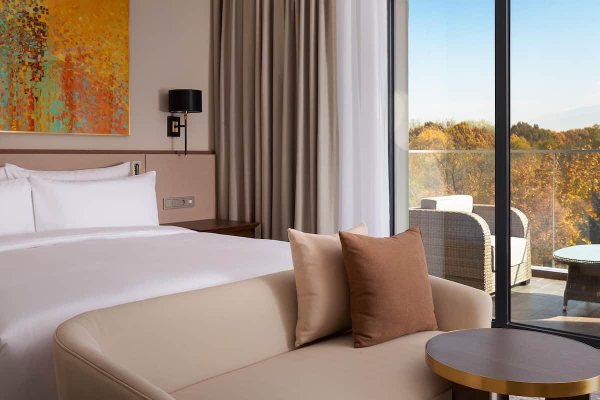 Une chambre d’hôtel avec un lit, un canapé, une table, une lampe et une vue sur l’extérieur.