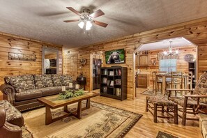 Smart TV, fireplace, books