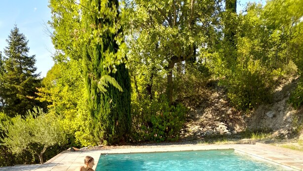 Una piscina cristalina con bordes de azulejos, rodeada de árboles y un muro de piedra.