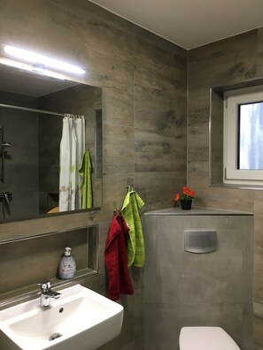 Dusche, Haartrockner, Handtücher, Seife