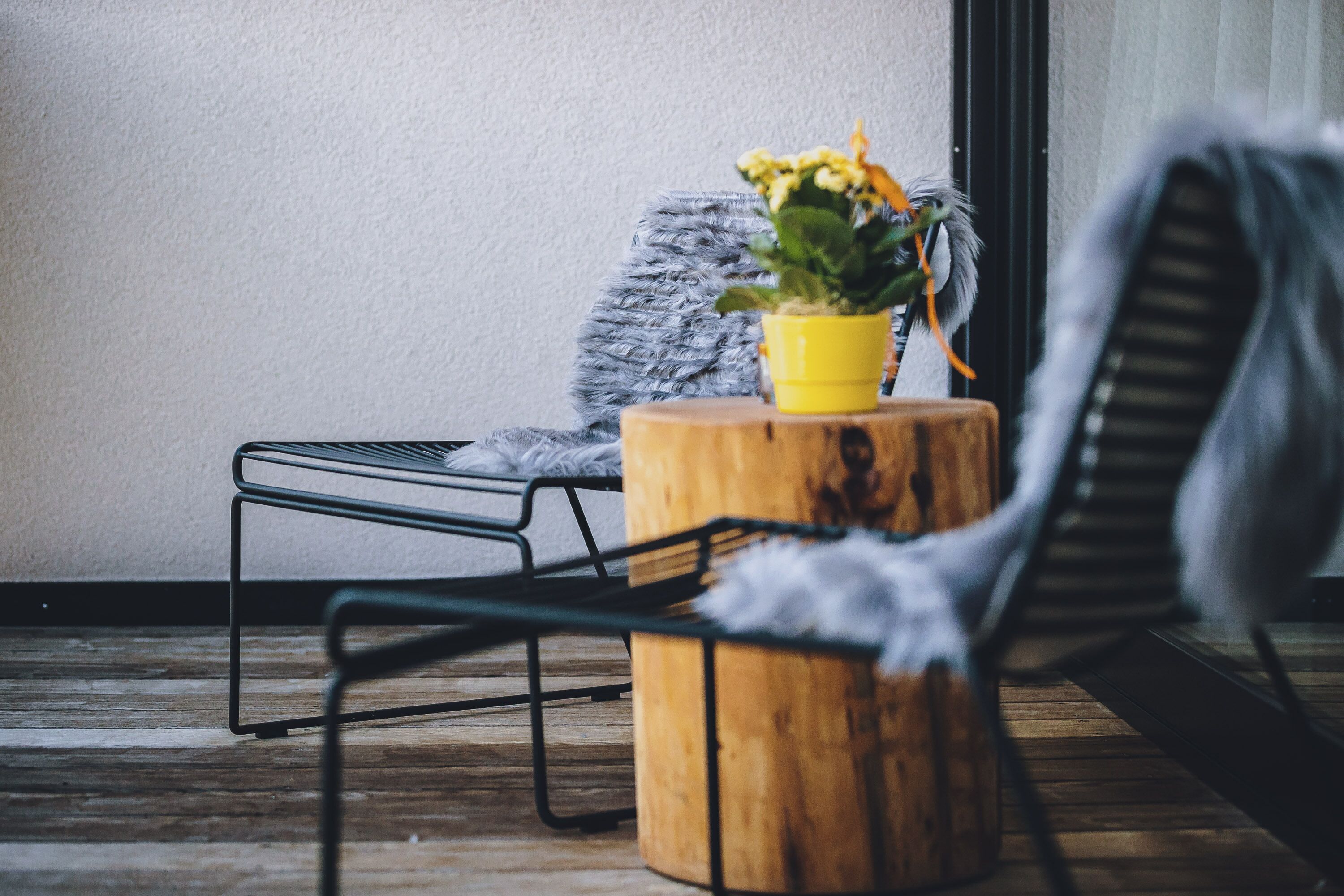 A wooden stool with a yellow pot of flowers, a metal chair, and a fluffy gray blanket on a wooden floor.