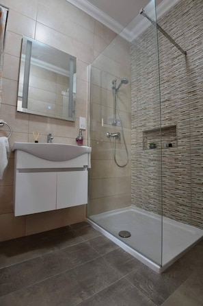 Shower, hair dryer, towels, soap