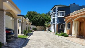 A residential street with houses on both sides, featuring a central driveway and a clear blue sky.