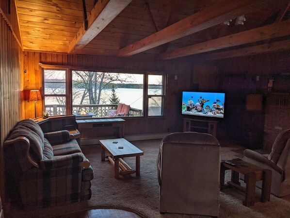 TV connectée, cheminée, livres