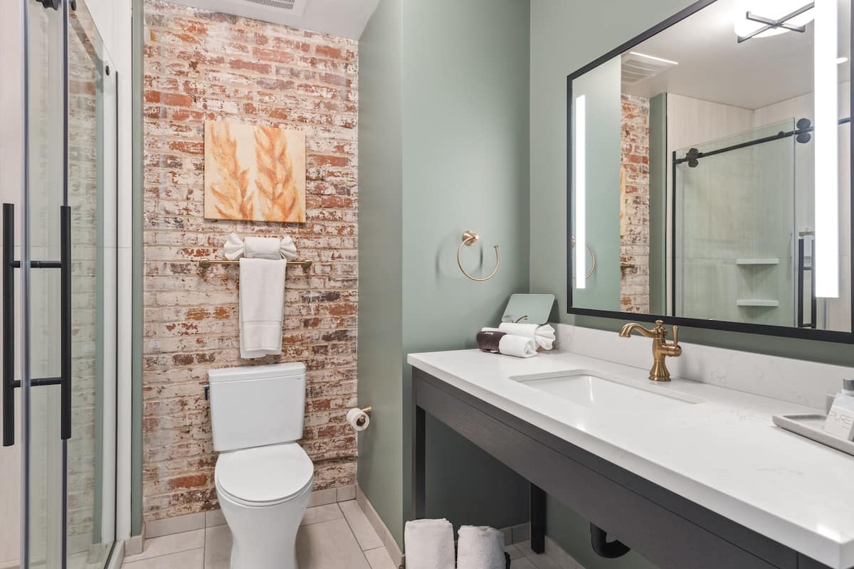 classic room, 1 king bed, river view | bathroom | shower, designer toiletries, hair dryer, towels