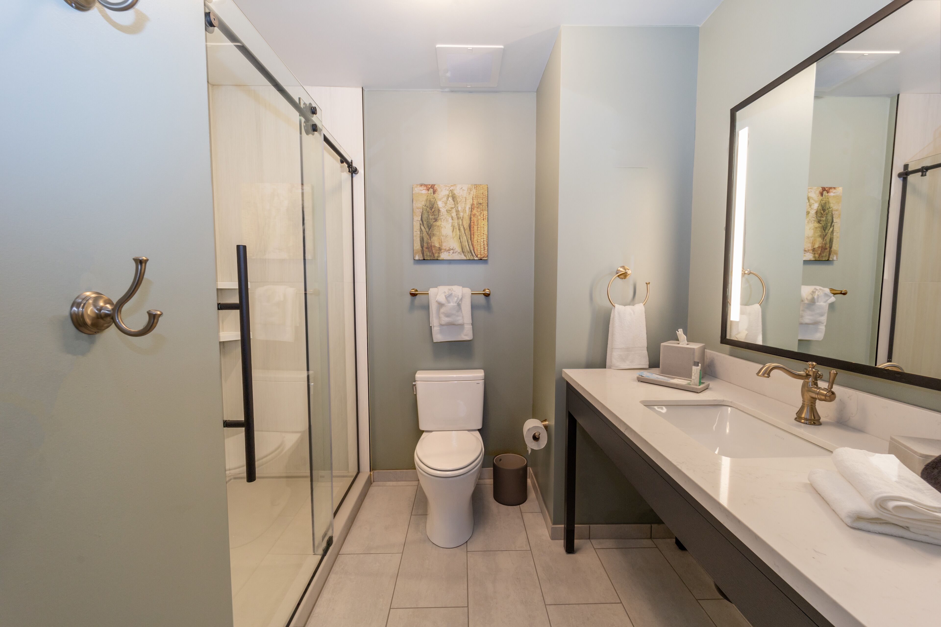 shower, designer toiletries, hair dryer, towels