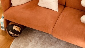 A room with a brown sofa, two decorative pillows, a framed landscape painting, and a shelf with glassware and a clock. - Superior-apartment Near Stuttgart, Garden & Sauna (Kornwestheim)