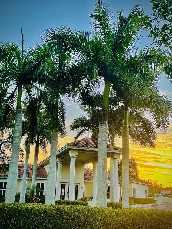 A building with a white facade and red-tiled roof, surrounded by tall palm trees.