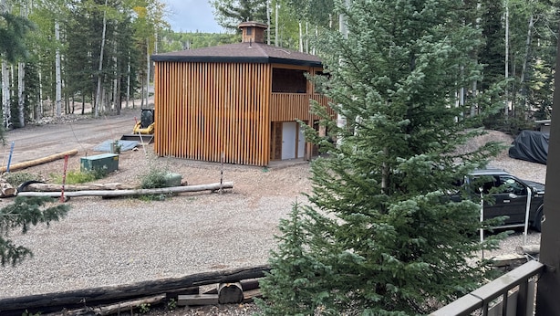 Een houten chalet, omringd door bomen, met een grindpad.