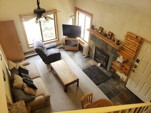 TV, fireplace, DVD player, video library