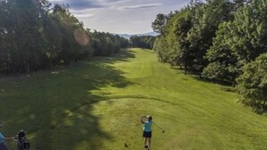 A golf course with a person playing, a golf cart, and a clear sky.