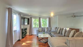Smart TV, fireplace, books