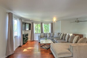 TV connectée, cheminée, livres