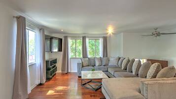 TV connectée, cheminée, livres