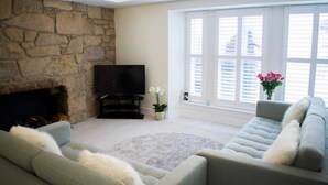Basic-Apartment, 1 Queen-Bett | Wohnzimmer | Fernseher, Kamin