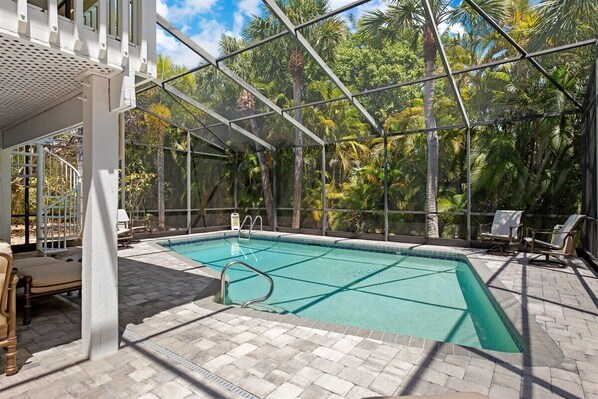 A swimming pool with a glass enclosure, surrounded by lounge chairs and a view of tropical trees.