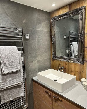 Shower, hair dryer, towels, toilet paper