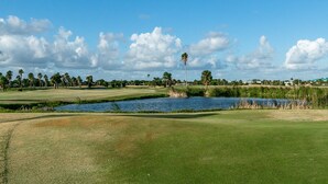 A golf course with a pond, palm trees, and a clear blue sky.