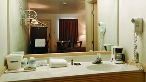 A hotel bathroom with a sink, a mirror, a hairdryer, and toiletries on the counter.