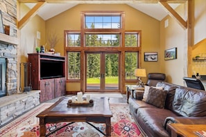 Smart TV, fireplace, books