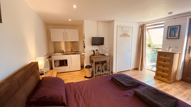 Een slaapkamer met een bed, een houten dressoir, een televisie en een kitchenette.