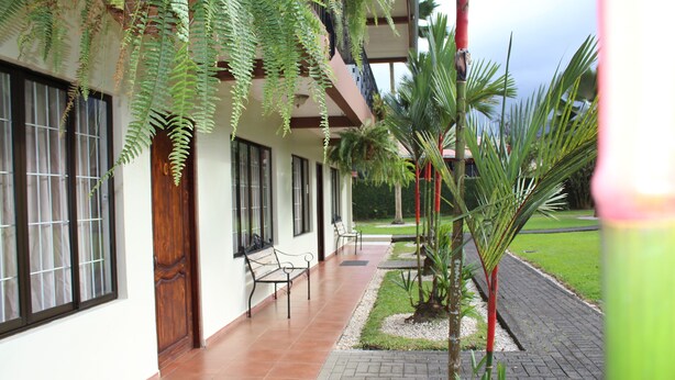 A covered outdoor area with a bench, a small palm tree, and a pathway leading to a building with a door and windows. - Apartment 10: Condos Vista al Volcan - Second Floor (La Fortuna)