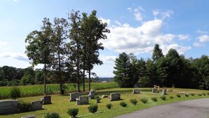 Ein Friedhof mit zahlreichen Grabsteinen, einem gepflasterten Weg und einer grünen Fläche mit Bäumen.