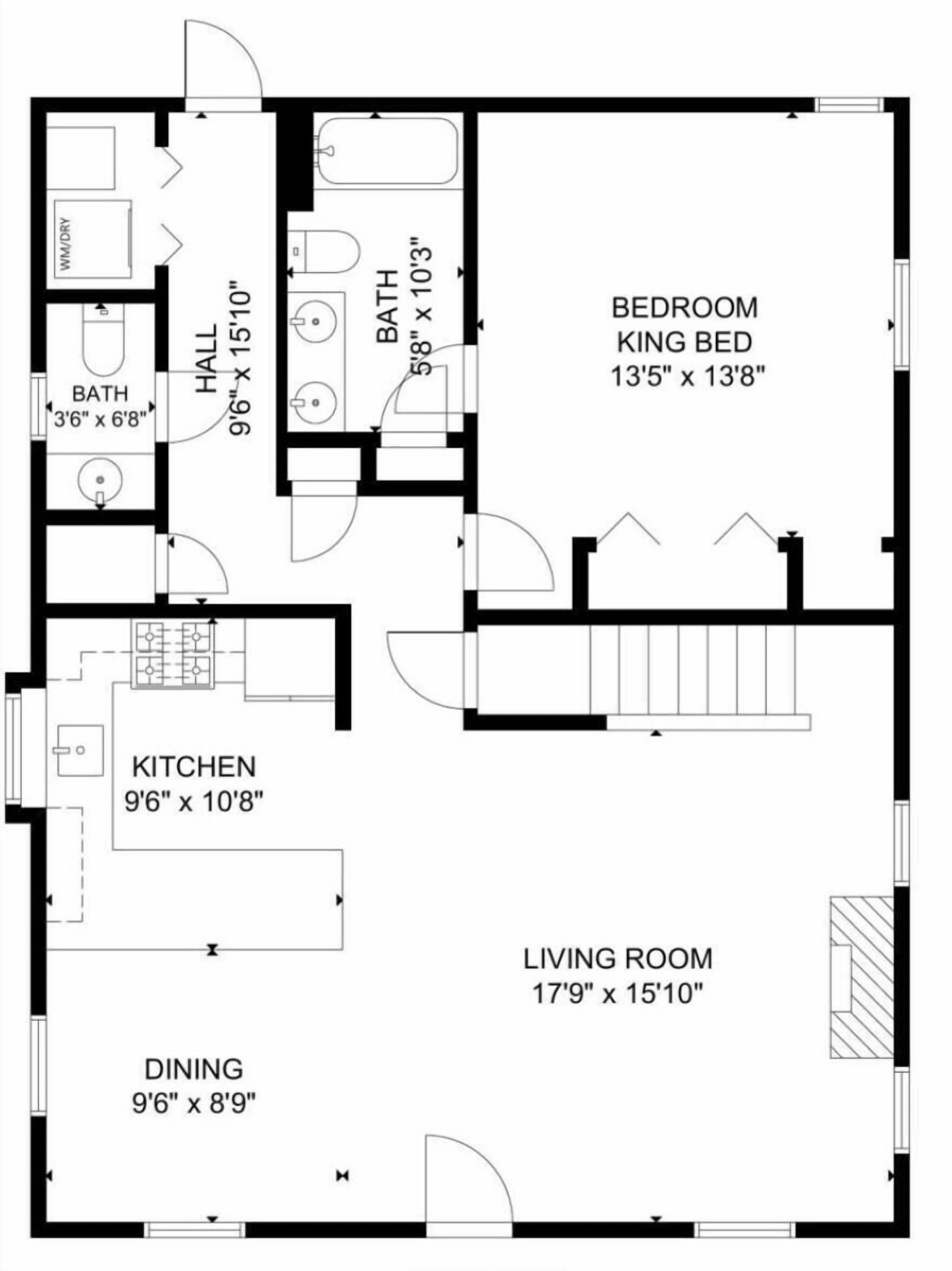 A floor plan of a hotel room with a bedroom, king bed, bathroom, kitchen, dining area, and living room.