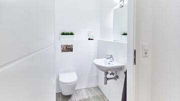 Een moderne badkamer met een wit toilet, een wastafel en een spiegel.