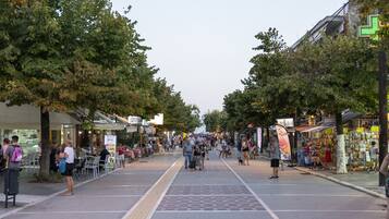 En livlig stadsgata kantad av butiker och kaféer, med en gångbana och träd.
