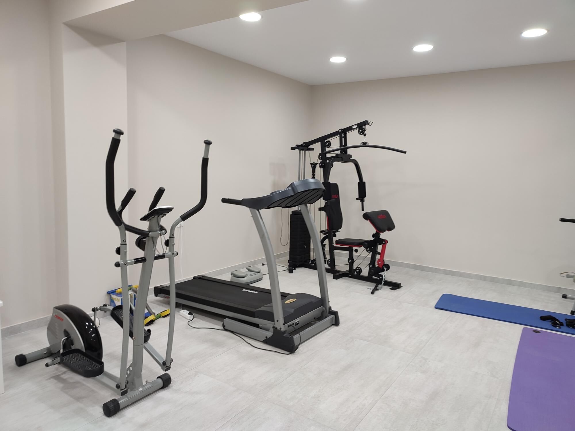 A gym with cardio machines, weight training equipment, and a blue mat.