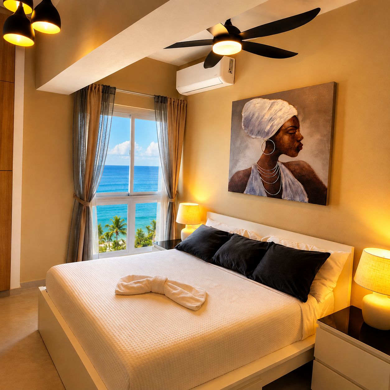A hotel room with a bed, a ceiling fan, a painting, a window with a view of the ocean, and a nightstand with a lamp.
