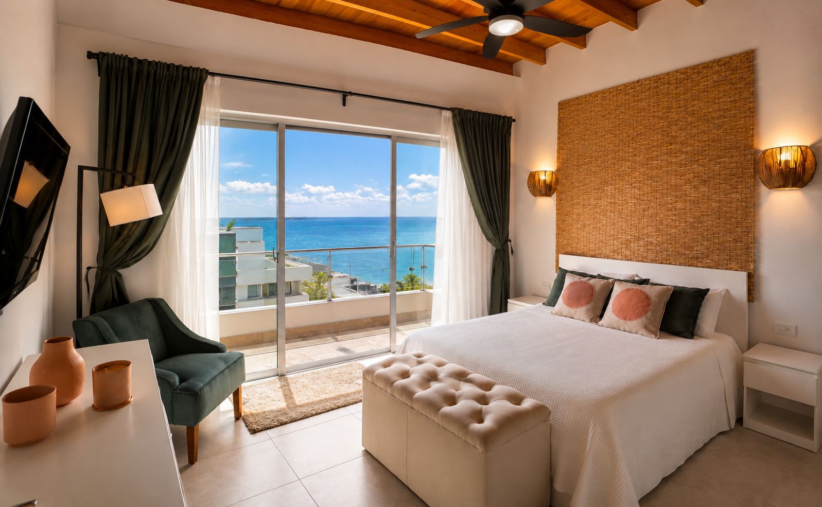 Ein modernes Hotelzimmer mit einem großen Bett, einer Sitzecke mit Sofa und Sesseln, Meerblick und einem Balkon.