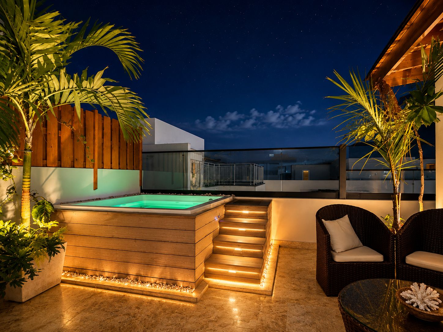 Une terrasse sur le toit dotée d’un jacuzzi, d’escaliers en bois, d’une balustrade en verre et d’un espace salon extérieur.