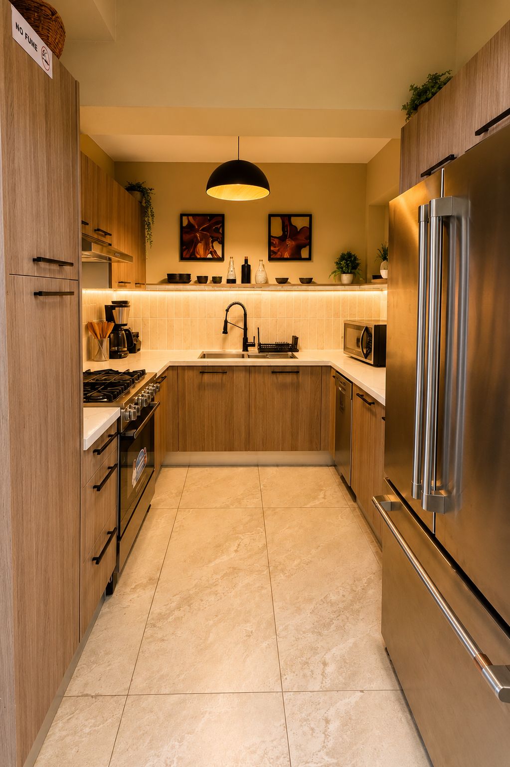 A modern kitchen with wooden cabinets, stainless steel appliances, a central island, and a hanging light fixture.