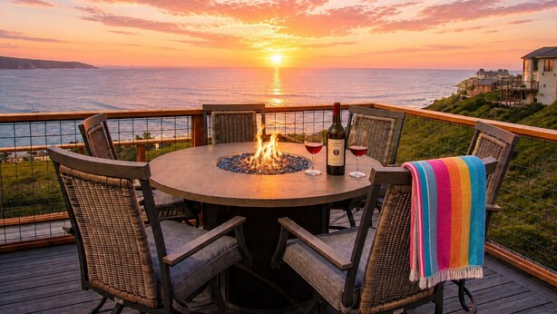 Une table ronde entourée de chaises, un foyer et deux verres à vin, le tout installé sur une terrasse offrant une vue sur l’océan au coucher du soleil.