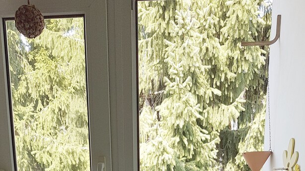 Una habitación con balcón, una mesita y una planta en maceta.