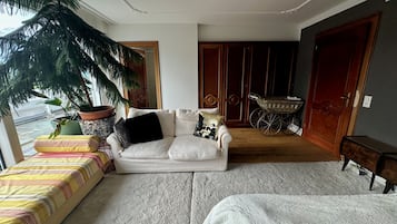 Un salon avec un canapé, une grande plante en pot, une poussette et un tapis à motifs.