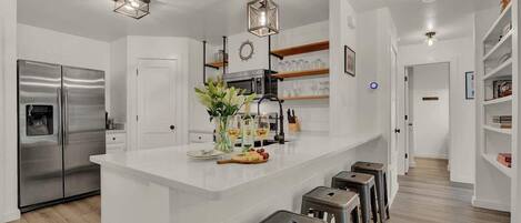 Fridge, microwave, oven, stovetop