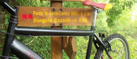 A wooden signpost with destination names and distances.