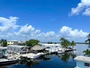 A marina with boats docked, a thatched-roof structure, and houses with a view of the water.