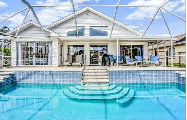 A heated pool, pool loungers