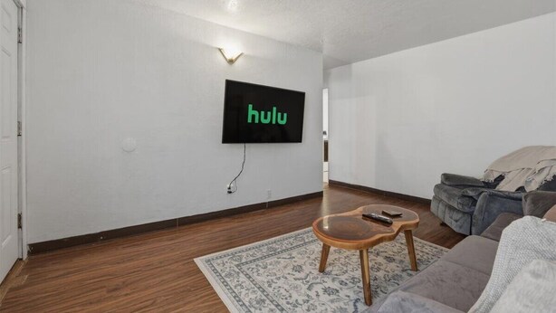 Un salon avec un téléviseur à écran plat fixé au mur, diffusant la plateforme « Hulu », une table basse en bois, un canapé gris et un tapis à motifs.