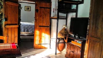 Una stanza rustica con mobili in legno, una televisione e un vaso grande.